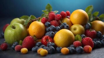 Assorted fresh fruits on blue background. photo