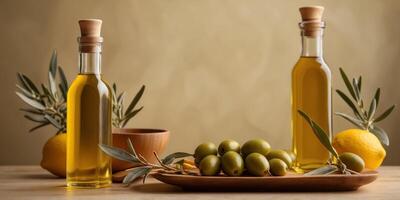 Olive Oil Bottles and Wooden Utensils on Yellow Background. photo
