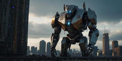 In the midst of a cosmic shadowy robot uprising, a towering metallic behemoth looms ominously over a futuristic cityscape. photo