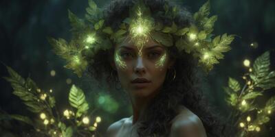 A luminous nocturnal solarpunk dryad, glows with bioluminescent foliage against the backdrop of a dimly lit cityscape. photo
