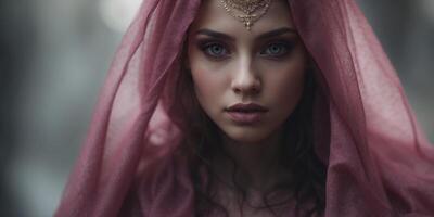 A magenta-hued time-warped witch, her flowing robes a blend of ancient and modern fabrics, her eyes glinting with enigmatic knowledge. photo