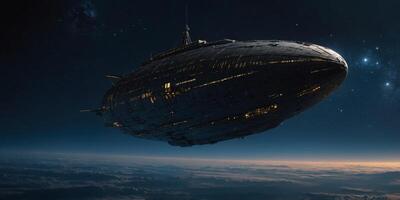 A shadowy, mysterious spacecraft floats through the vast expanse of space, its bulky form contrasting sharply against the stark backdrop of twinkling stars. photo