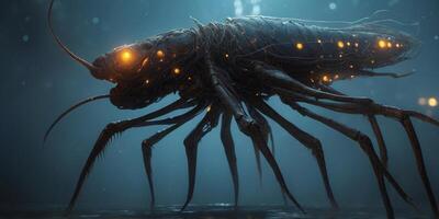A strikingly ominous, chiaroscuro insectoid fishlike creature creeps along the murky depths, with intricate patterns of light and shadow dancing across its sleek, glossy exoskeleton. photo