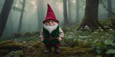 In a misty glen, a whimsical gnome with twinkling eyes, rosy cheeks, and a crooked hat, stands in a cinematic soft focus photograph. photo