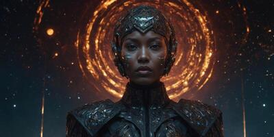 A bewitching blood-curdling nebula navigator, with skin as dark as the void and eyes ablaze with the cosmos, stands adorned in sleek metallic armor that catches the light like distant stars. photo