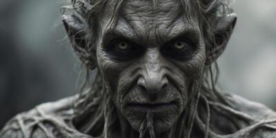 A hauntingly ancient Draugr, its decaying visage a grotesque blend of human and sea creature features, with spectral tendrils intertwining with its decaying flesh. photo
