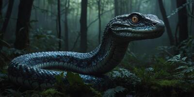 In the eerie depths of a shadowy forest, a sinister quantum serpent slithers with an otherworldly grace, its scales shimmering with an ethereal glow. photo