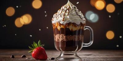 Chocolate sundae with whipped cream and syrup in glass cup. photo