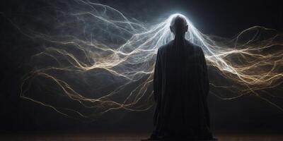 In the eerie stillness of a long exposure photograph, a specter-like figure crackles with electric energy, its translucent form hauntingly illuminated against a dark backdrop. photo
