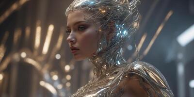 A luminously extravagant cyborg queen, stunningly crafted with gleaming metallic limbs and intricately detailed circuit patterns. photo