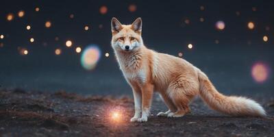 A shimmering astronomic holographic kitsune, its fur a kaleidoscope of shifting colors and patterns that dance and swirl like galaxies in the night sky. photo