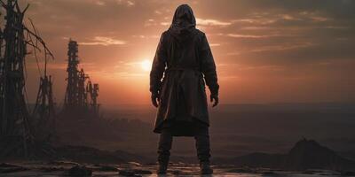 In the eerie twilight of a post-apocalyptic world, a courageous eclipse explorer stands brave and unyielding, his silhouette stark against the blood-red sky. photo