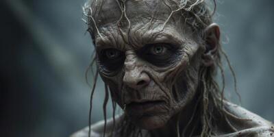 A hauntingly ancient Draugr, its decaying visage a grotesque blend of human and sea creature features, with spectral tendrils intertwining with its decaying flesh. photo