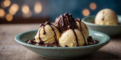 Vanilla ice cream scoops featuring chocolate syrup within decorative bowl. photo