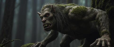 In the depths of a shadowy forest, a cimmerian troll lurks, its twisted form barely visible in the darkness. photo