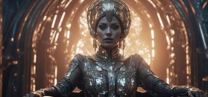 In a time-warped regal AI dream sequence, a majestic android queen sits upon a throne of circuitry and crystal, her metallic skin gleaming with digital patterns mimicking ancient royal attire. photo