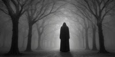 An enigmatic figure, cloaked in shadows and surrounded by wisps of shifting memories, stands amidst a shimmering field of memories suspended in midair. photo