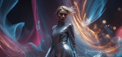A dazzlingly enigmatic metaverse explorer, shimmering with unearthly light amidst a backdrop of swirling cosmic hues. photo