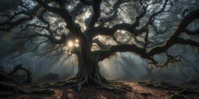 In the ethereal moonlit forest, shadows dance among ancient trees, moss-kissed stones, and wisps of mist clinging to the boughs. photo