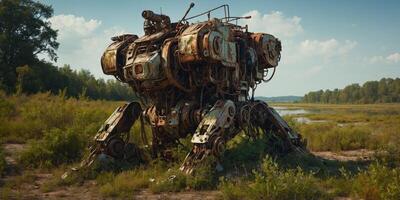 A time-worn mecha, covered in rust and overgrown with vines, stands in a barren wasteland. photo