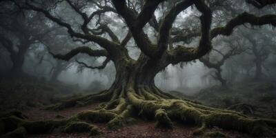In the ethereal moonlit forest, shadows dance among ancient trees, moss-kissed stones, and wisps of mist clinging to the boughs. photo