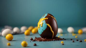 Cracked chocolate Easter egg with yellow dripping yolk on turquoise background with copy space Creative Easter concept. photo