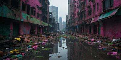 In a world ravaged by an unknown catastrophe, a neon-lit cityscape emerges from the ruins, a vibrant oasis in a sea of decay. photo