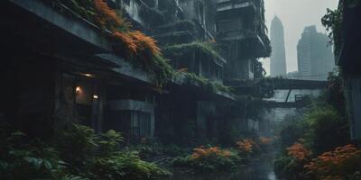Mysterious Overgrown Futuristic City within Dramatic Gloomy Atmosphere. photo