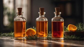 Energetic burst of amber liquid in glass bottles with herbs in the background. photo