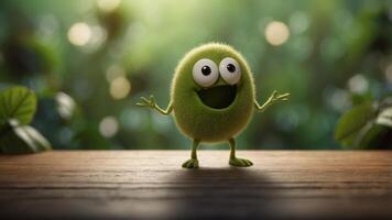 Cheerful animated green kiwi with a beak and a smile on its face. photo
