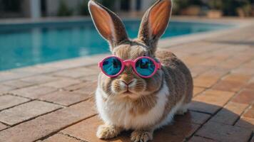 cute bunny rabbit by the pool for summer in googles. photo