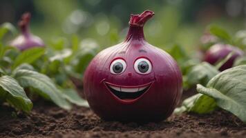 Cheerful animated red onion with a smile on his face in the vegetable garden. photo