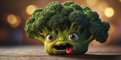 Animated character of broccoli with a shocked expression. photo