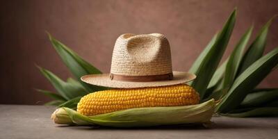 A corn cob with a straw hat on top of it. photo