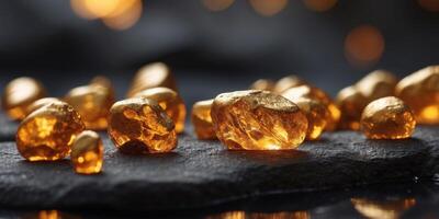 Floating golden rocks in a mystical cosmic scene. photo