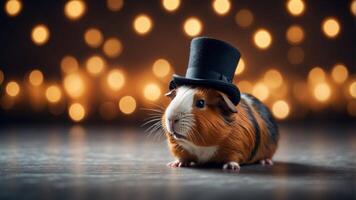 Guinea pig wearing top hat amidst glowing lights. photo