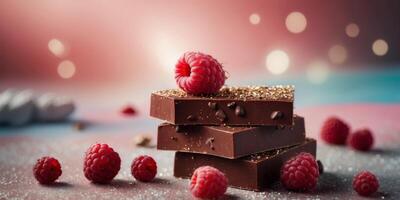 Chocolate bars with raspberry topping in sparkling light. photo