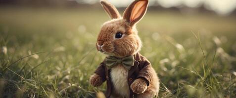 Brown rabbit doll toy rabbit on field meadow spring nature green grass with retro filter effect soft focus. photo