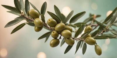 Olive Branch with Green Olives on a Pastel Background. photo
