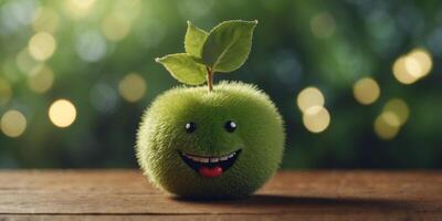 A green fuzzy fruit with a leaf on top The fruit is smiling and has a happy expression. photo