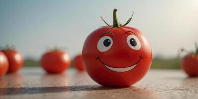 Drawn smiling red tomato on light background, concept of harvest and agriculture. photo