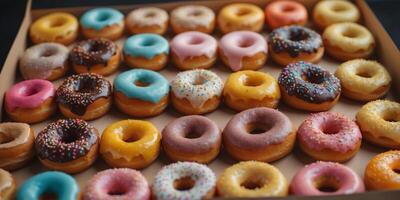Dozen colorful artisan donuts arranged in a box for office brunch. photo
