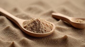 Wooden spoon on sandy wavy surface Minimalist design. photo
