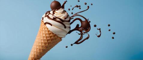 Close-up shot of a soft-serve ice cream cone with a swirl of chocolate and vanilla flavors on a simple sky blue background. photo
