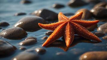 Orange starfish on wet rocks in shallow tidal pool. photo