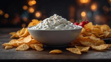 A bowl of white dip sits on a table next to a pile of chips. photo