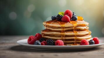 stack of pancakes with berries and syrup. photo