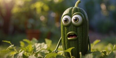 Wide-eyed cucumber character with a surprised expression standing in a sunlit garden. photo