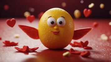Whimsical lemon character with wings and hearts on a red background. photo