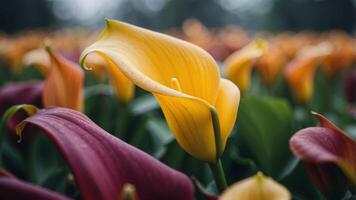Blooming calla lily field scenery as one background landscape. photo